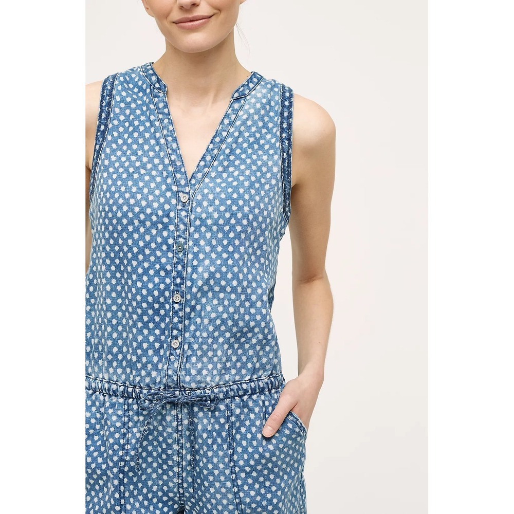 Anthropologie Hei Hei Dottie Linen‎ Polka Dot Sleeveless Blue Chambray Romper XS